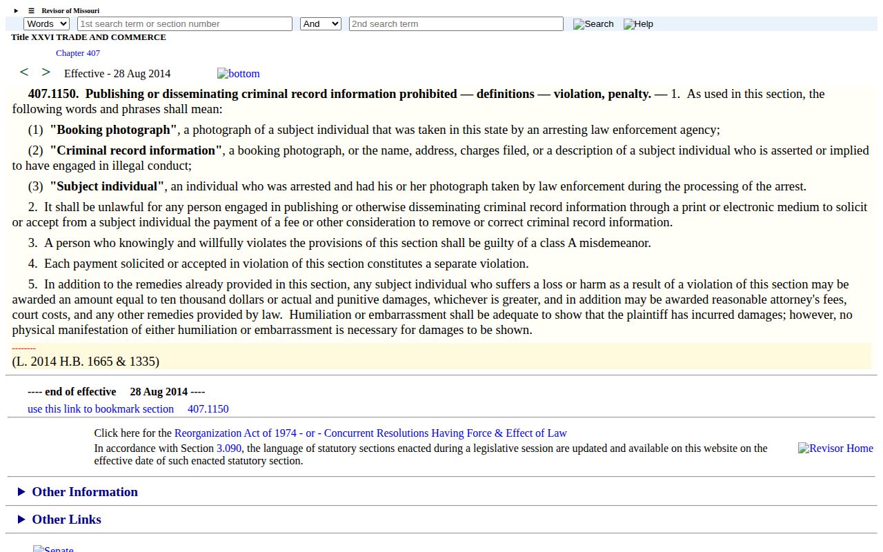 Missouri statute 407.1150 concerning booking photographs and removal fees