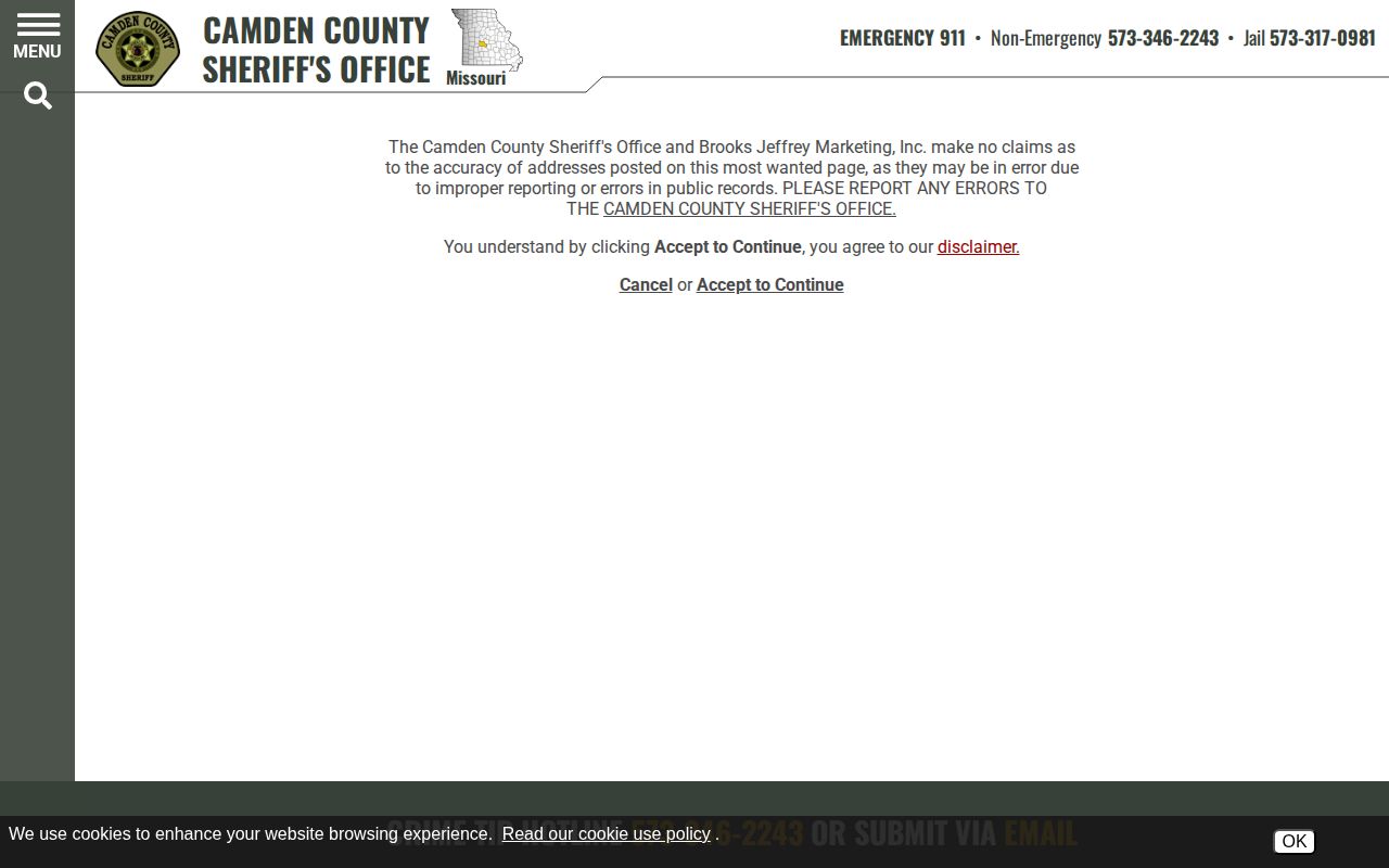 Camden County Sheriff Most Wanted accuracy disclaimer