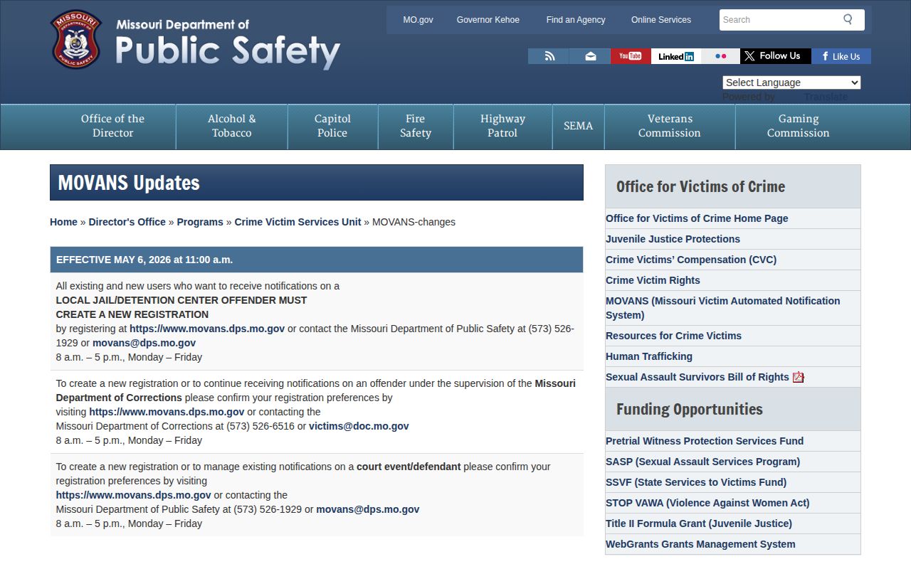 Missouri MOVANS change FAQ for local jail notifications