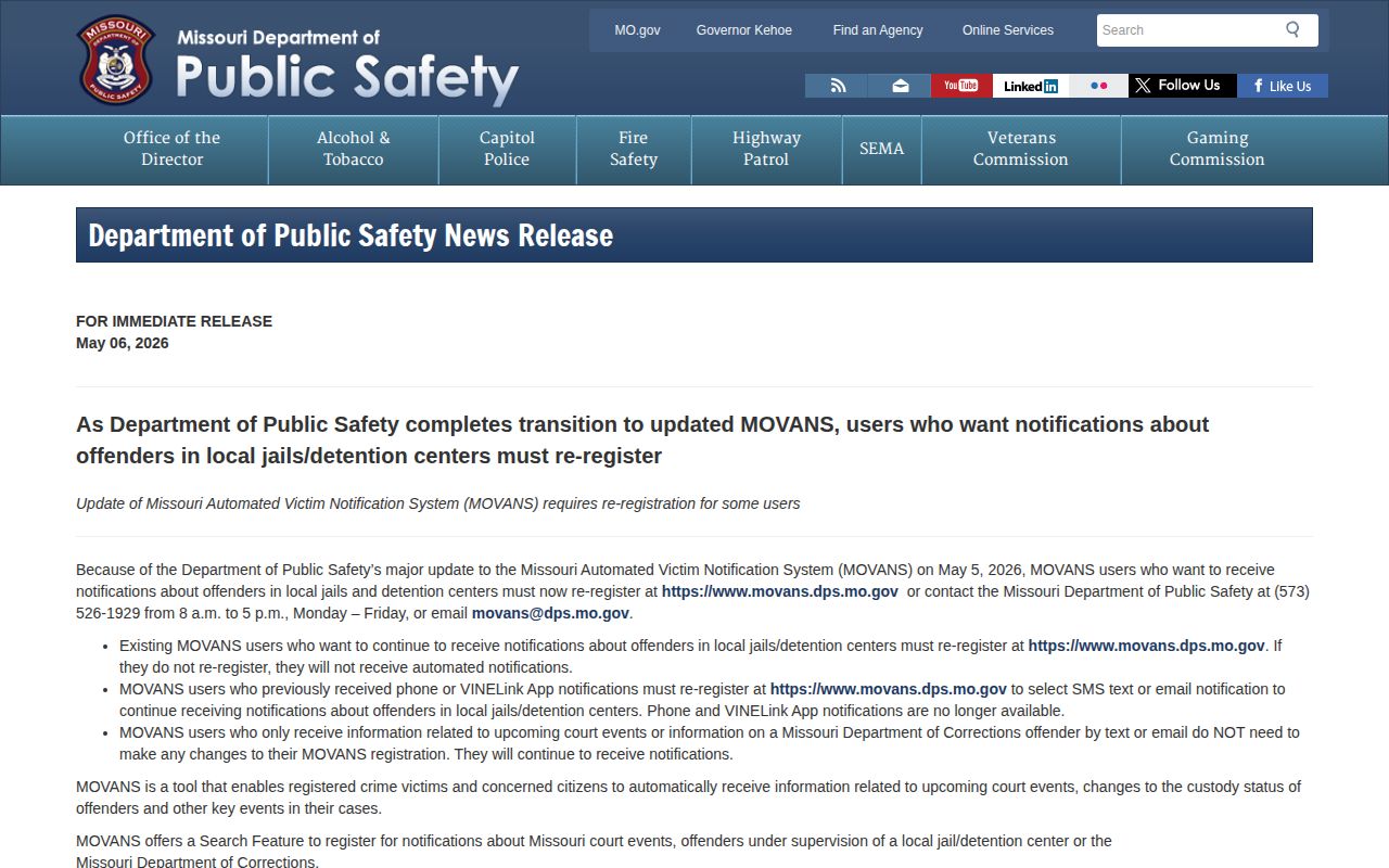 Missouri DPS notice about the May 2026 MOVANS local jail alert change